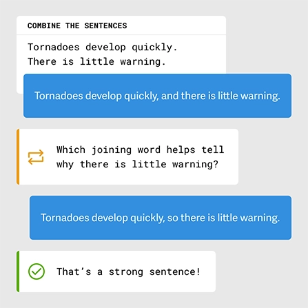 A diagram showing a Connect activity prompt, a response to that prompt, the feedback the student received, their revised response, and feedback that the second submission was 'a strong sentence!'