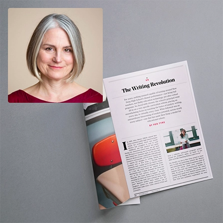 A headshot of Peg Tyre overlaid on an image of an Atlantic magazine opened to her article, The Writing Revolution.