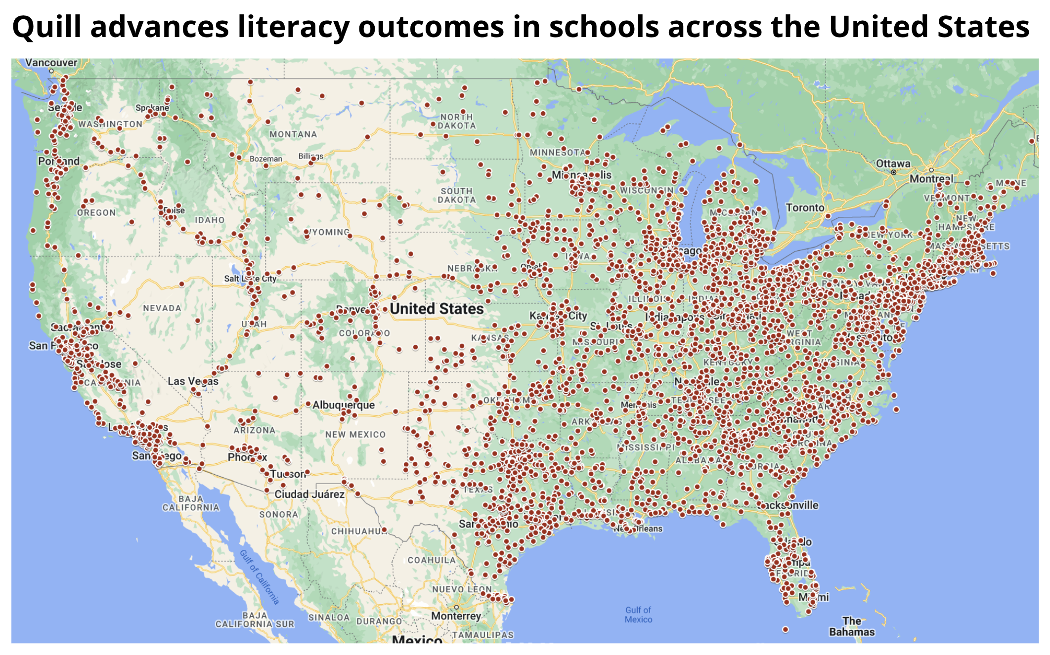 Map of the United States with red dots over every city with a school that uses Quill. Top of the image has text that says 'Quill advances literary outcomes in schools across the United States'.