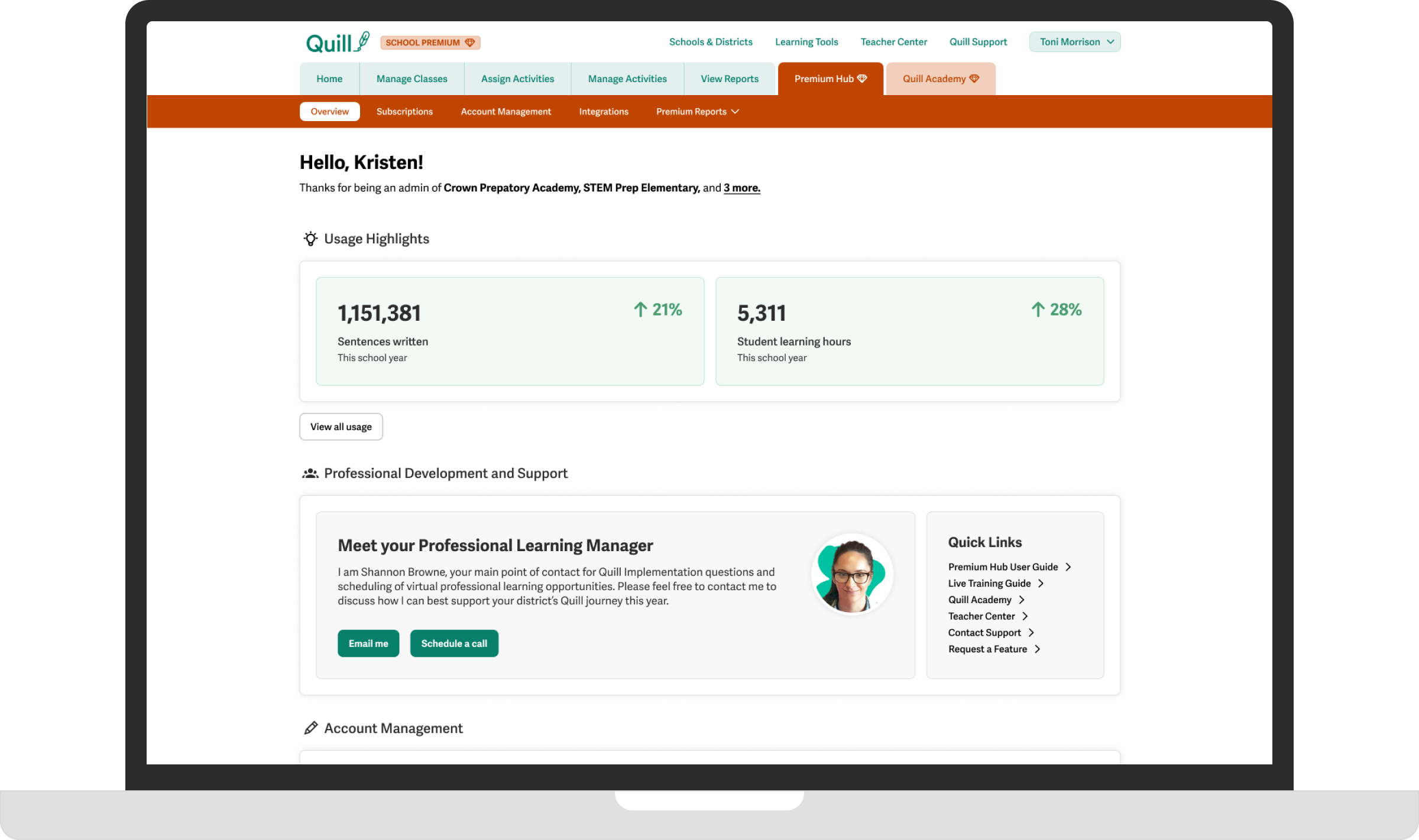 Screenshot of the Quill Administrator dashboard full-screen on a laptop