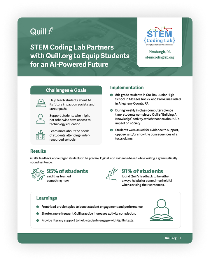 Report cover: STEM Coding Lab Partners with Quill.org to Equip Students for an AI-powered Future
